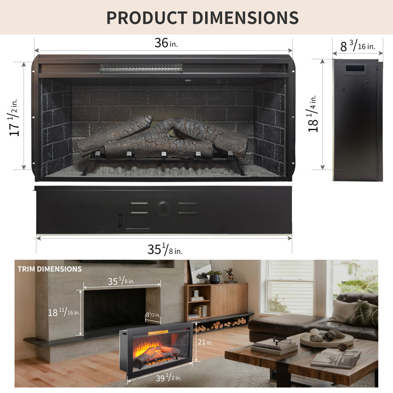  Insertion de foyer électrique 36 ", thermostat réglable et luminosité de la flamme, télécommande, minuterie 8h, foyer 1500w