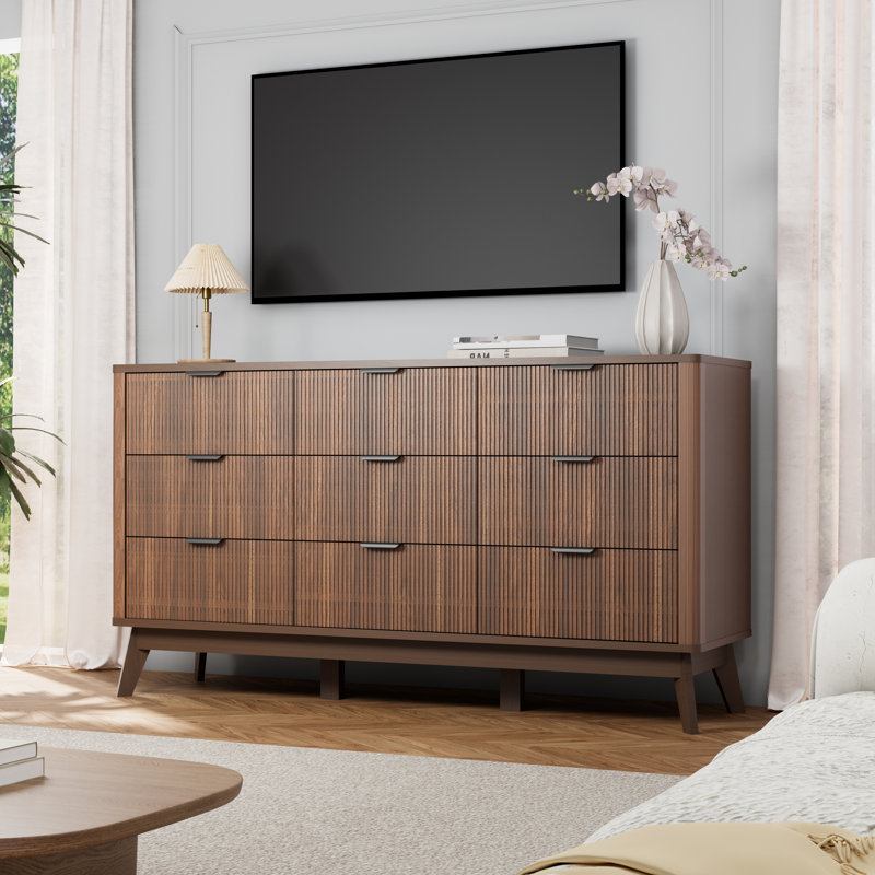 Fluted 9 Drawers Dresser, 59''w 9 Drawers Brown