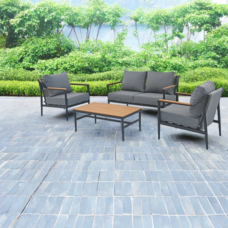 Ensemble de 4 canapés de patio en aluminium, style grain de bois moderne pour la cour