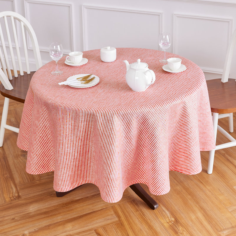 Narrow Stripe - 100% Pure Linen Tablecloth, Red/White, 70" Round