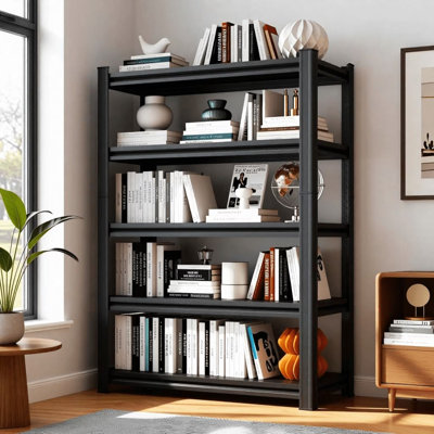 5-Tier Adjustable Metal Bookshelf,72"H×36"W Modern Open Bookcase,Industrial Garage Shelving Unit with Thickened Double-Layer Posts,Heavy Duty Display Storage Shelves for Living Room,Office,Kitchen,Warehouse,Bathroom,Laundry,Tool-Free Assembly,Black,18"D