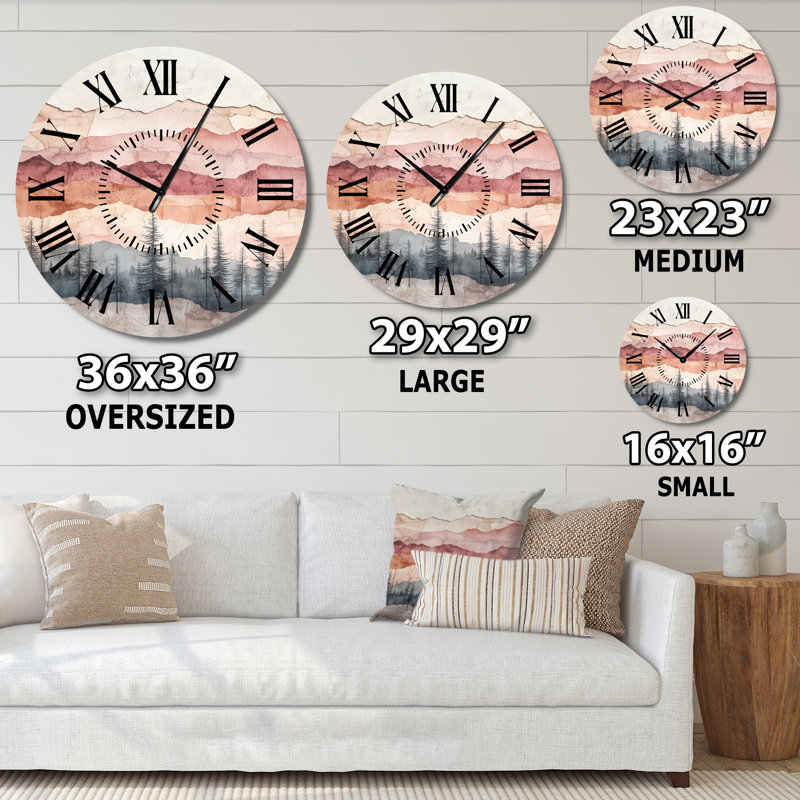 Horloge murale ronde en métal Forest Terrain in Blush - Mid-Century, Médium