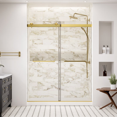 60" W X 74" H Double Sliding Frameless Shower Door With 5/16" Tempered Clear Glass And Soft Close System, Brushed Gold