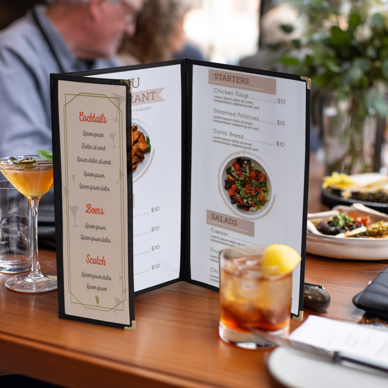 Paquet de 30 couvercles de menu de restaurant WeChef 8,5 x 14 po 2 pages 4 et 4,25 x 14 po, H 0,4 po x l 9,7 po x P 14,8 po