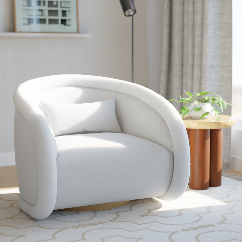 Chaise d'appoint pivotante - 34 po de largeur, revêtement bouclé blanc givré, pivotant à 360 ° avec base en bois massif, chaise de salon moderne