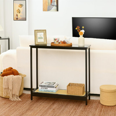 Console étroite en bambou, petite table d'entrée en bois avec rotin et verre de 31,5 po (L), tables d'appoint minces, tables d'appoint minces avec canapé, noir
