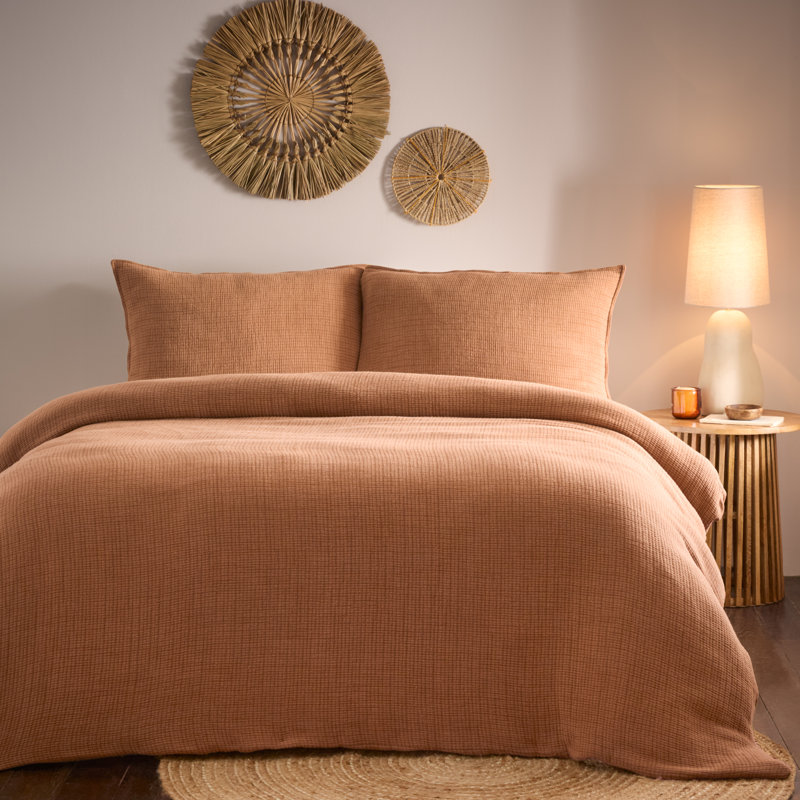 Ribble Cotton Solid Colour Duvet Cover Set with Pillowcases Included, Double Duvet Cover + 2 Standard Pillowcases, Orange