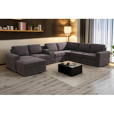 136" Wide 8-Piece Flannel Configurable Living Room Sectional With Ottoman