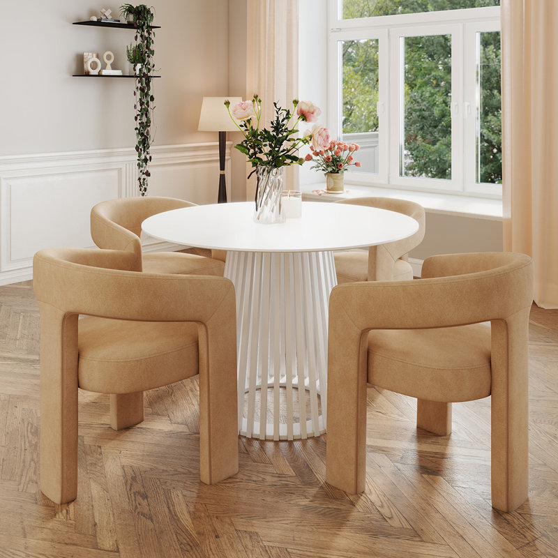 Modern Restaurant Dining Set, White, 5 Pieces: Table, 4 Chairs, Khaki