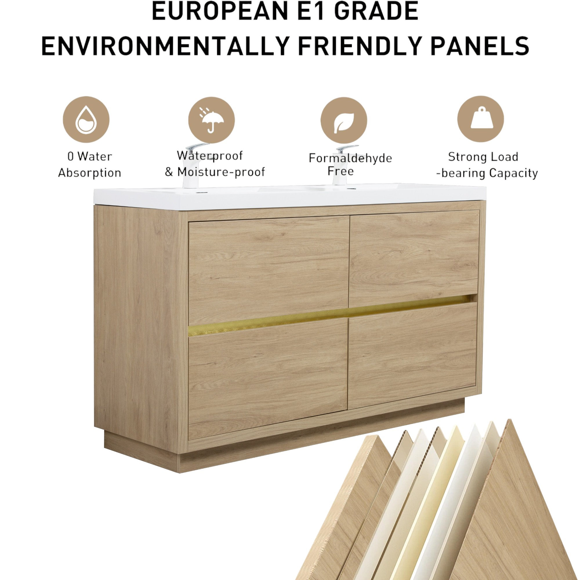 Beira 60'' Fully Assembled Freestanding Double Bathroom Vanity with Stone Resin Top, Oak
