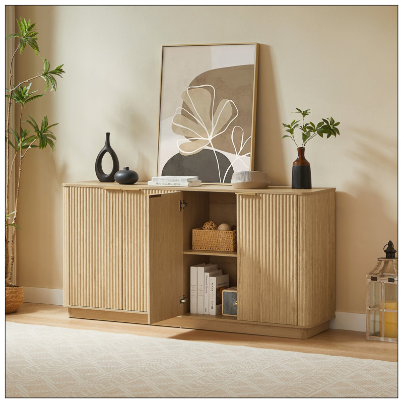 63 Inch Vertical Stripe Buffet Cabinet, Oak