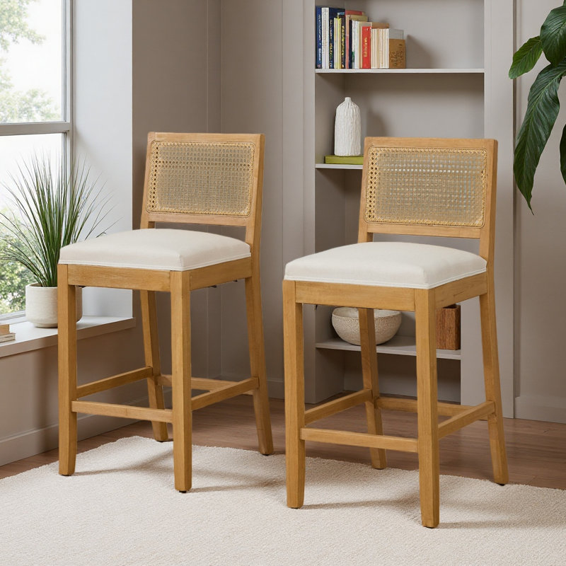 Tabouret de bar en bois massif à dossier en rotin, coussin en lin mat avec mousse à haute résilience et ressorts en S, idéal pour un îlot de cuisine de style rustique / naturel