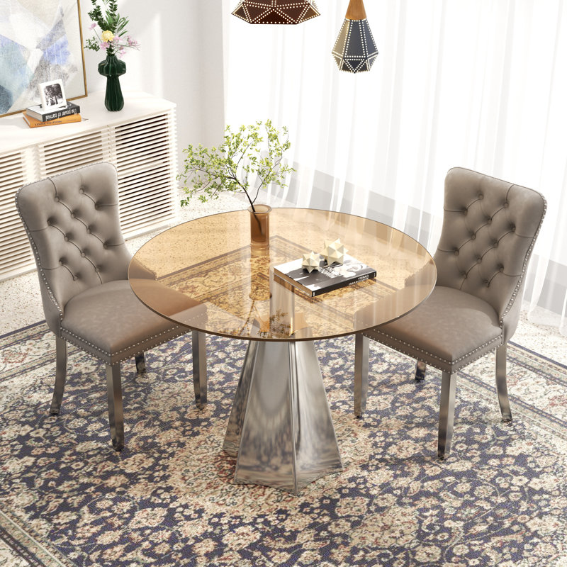 Ensemble de table de salle à manger moderne avec plateau de table en velours capitonné, 3 pièces: table, 2 chaises, Gris