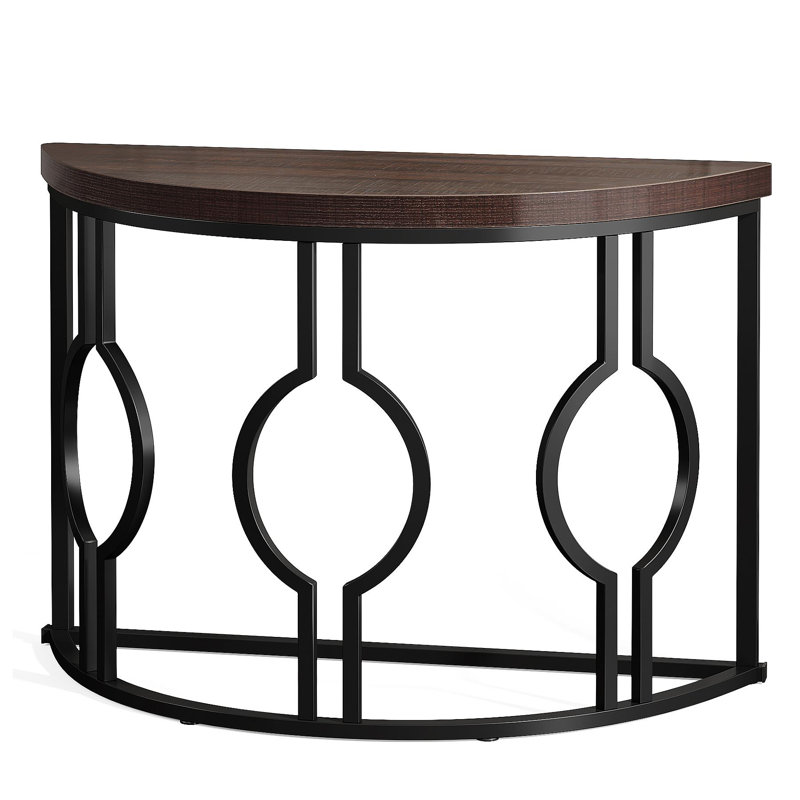 Half Moon Console Table For Entryway, 43 Inch Industrial Semi Circle Sofa Table With Geometric Base, Wood Accent Table For Living Room, Hallway, Foyer, Entrance, Rustic Brown