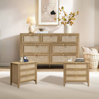 Boho Rattan 3 Piece Bedroom Set, 7-Drawer Dresser And 3-Drawer Nightstands