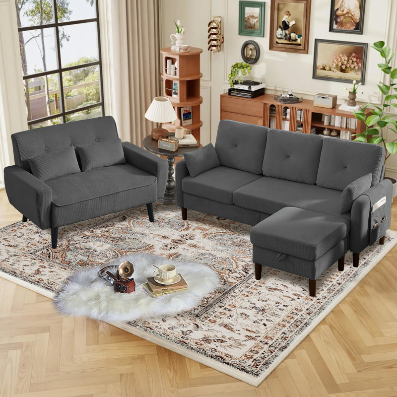 3-Piece Living Room Sectional Sofa Set with Loveseat and Ottoman, Dark Gray