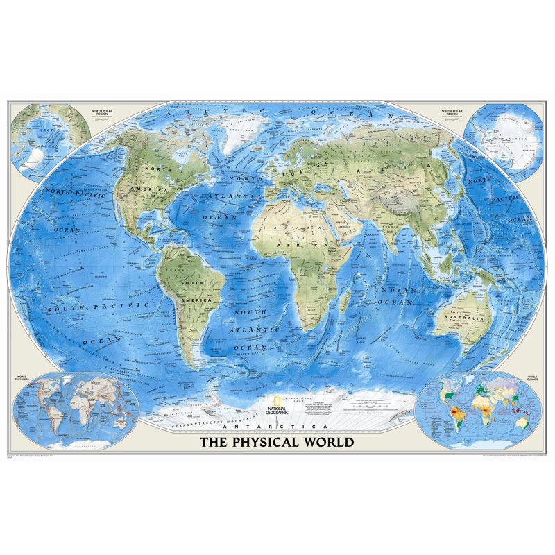 Carte murale du monde physique, Agrandi et stratifié (H 48 po x l 69 po)