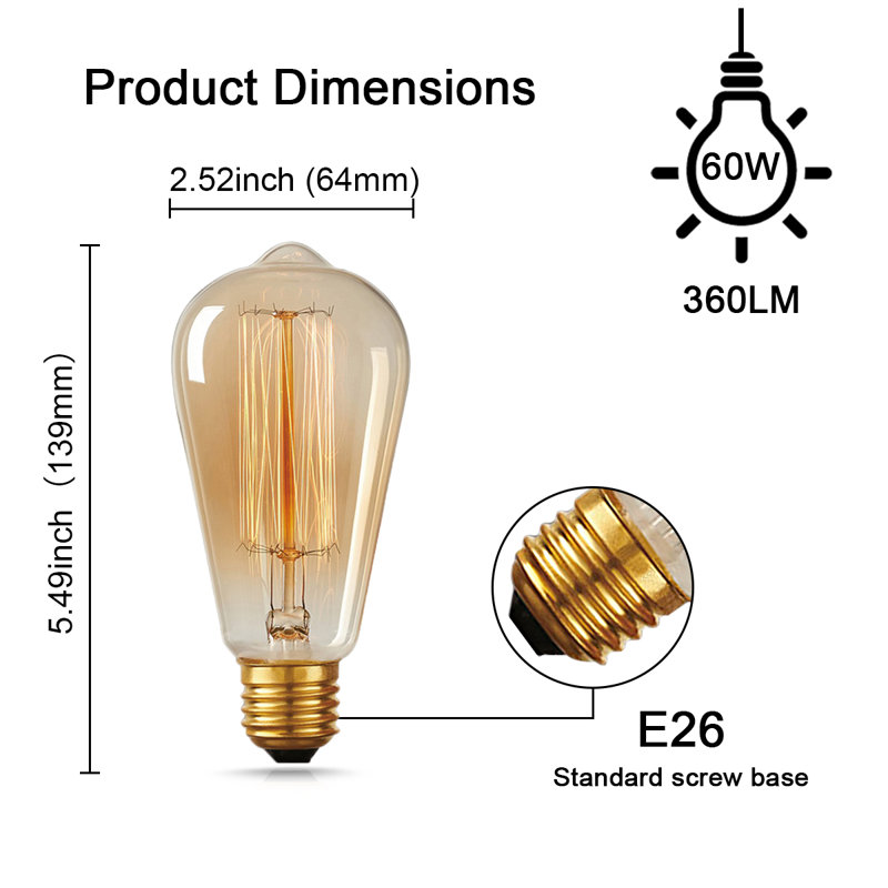 60 watts, st64 incandescente, ampoule à intensité variable, blanc chaud (2700k) e26/moyen (standard) base