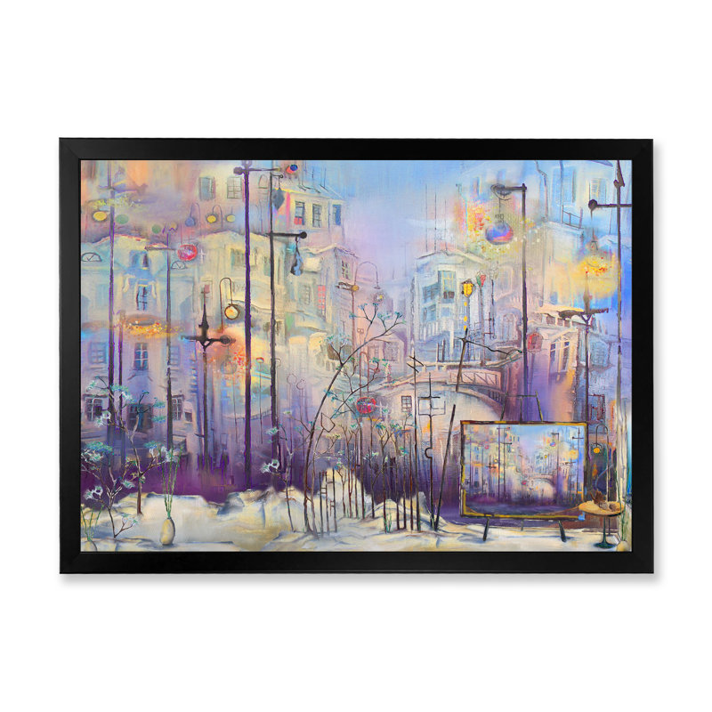 Paysage urbain pastel abstrait - peinture sur toile, H 24 po x l 32 po x P 1 po, Cadre noir