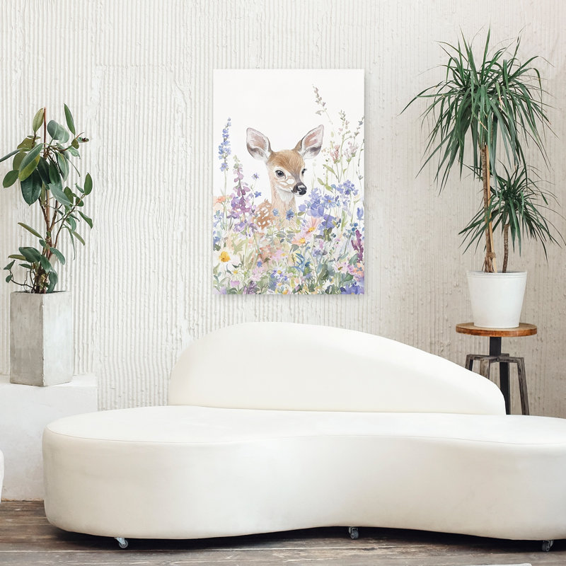 Baby Deer Wildflowers Colorful Delicate Peaceful Deer Nature Spring Wall Art Print by Mathieu - Wrapped Canvas Print