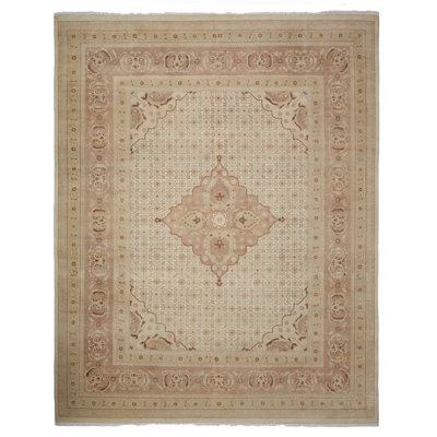 Tapis traditionnel en laine noué à la main de conception unique Ohlone, orange / beige, 8 pi 3 po x 10 pi 3 po