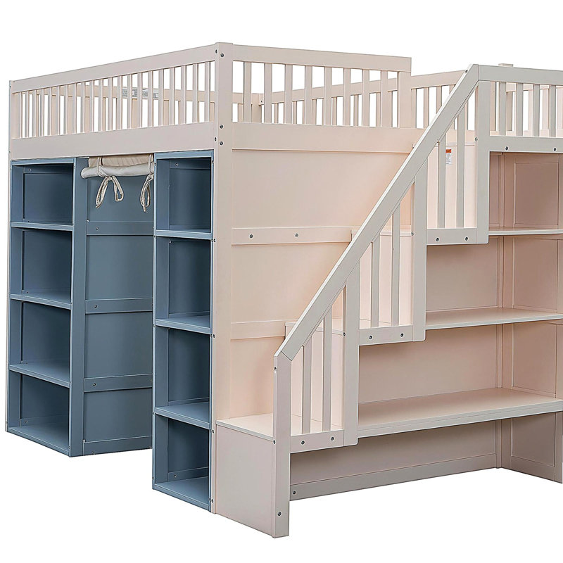 Lit mezzanine double avec 2 armoires de rangement à quatre couches et rideau, blanc crème