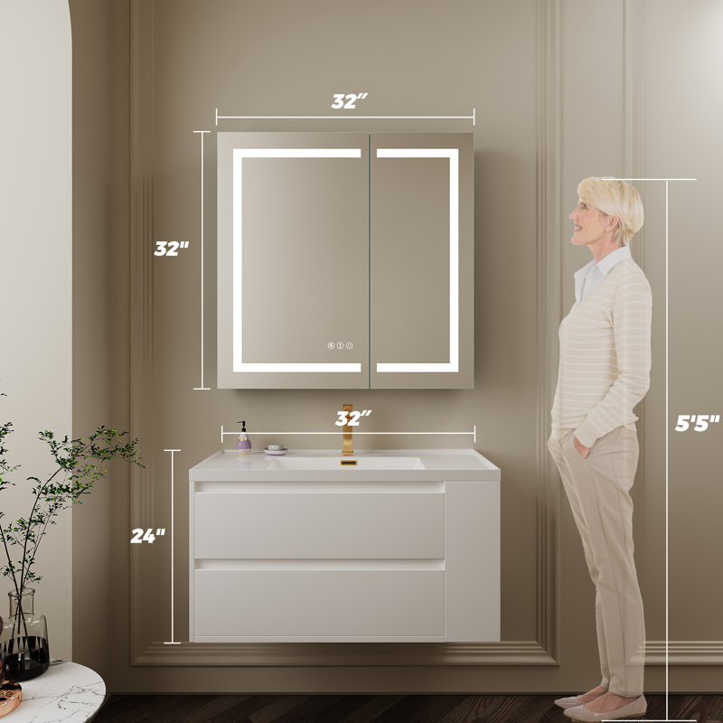 Hartli Recessed or Surface Mount LED Medicine Cabinet Mirror with Dimmable Light & Socket, Left-opening, Black