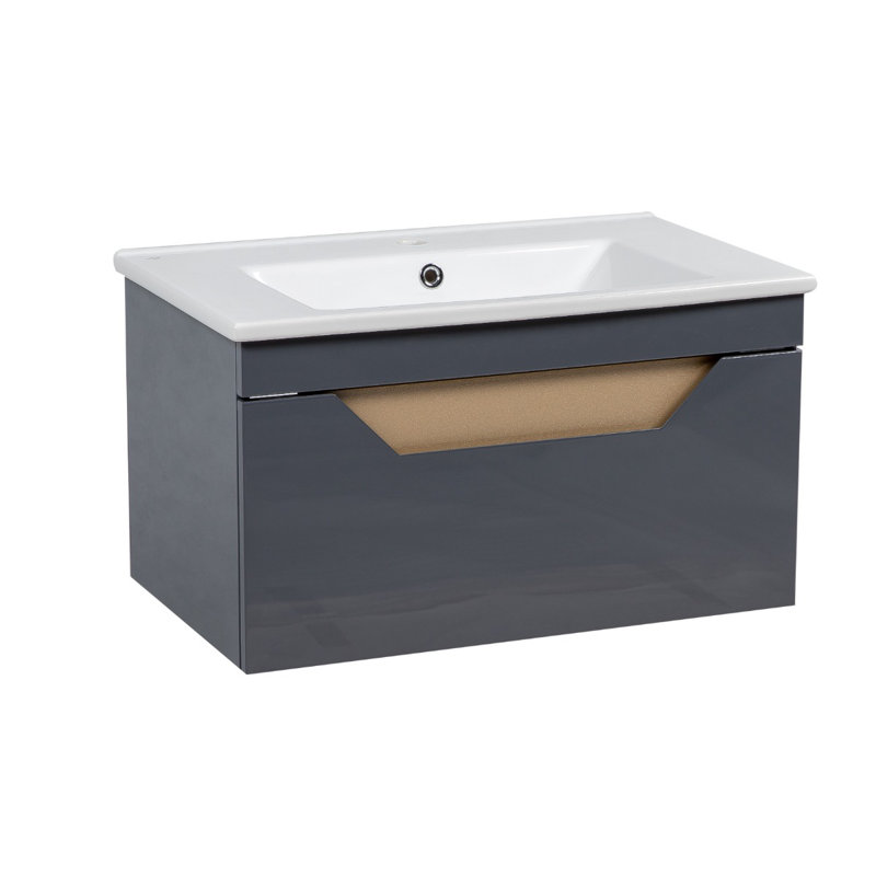 Graphite Gloss Single Wall-Mount Bathroom Vanity with Ceramic Top