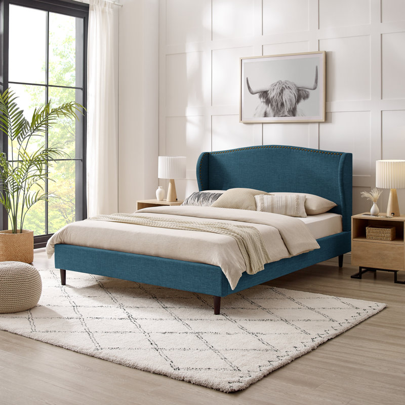 Lit plateforme en lin Eycke Manor Aliannah, Très grand, Bleu marine
