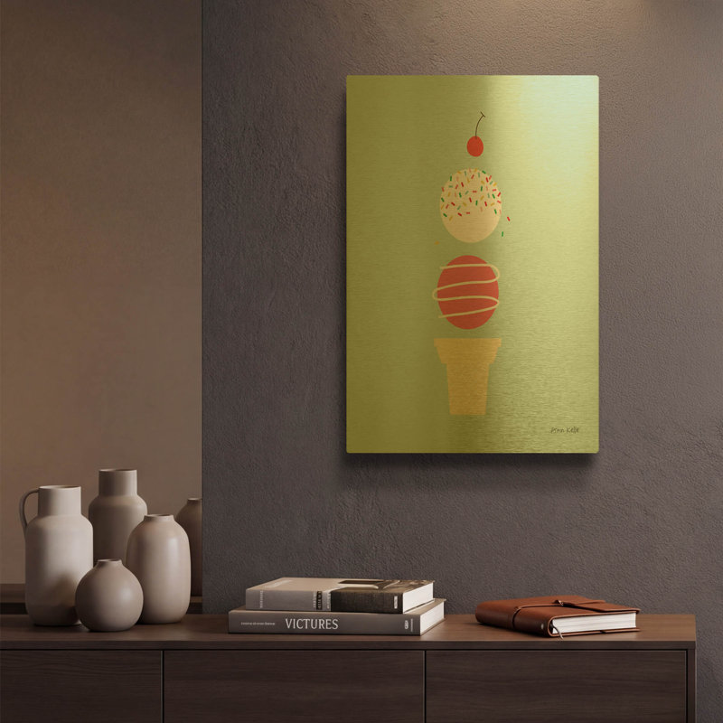 «Ice Cream and Cherry I» par Ann Kelle, art mural en métal doré, 12 po x 16 po, 12 po x 16 po