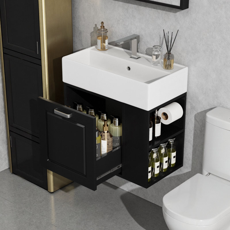 Meuble-lavabo mural noir 21,8 po avec lavabo en céramique, tiroir à fermeture en douceur et tablettes réglables, Noir