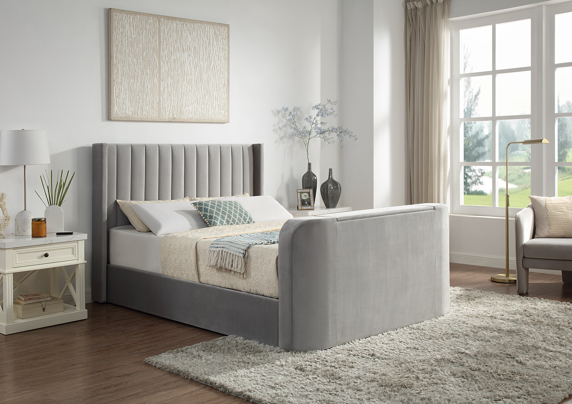 Ebern Designs Grey Velvet Lined Ottoman Tv Bed With Hybrid Mattress ...