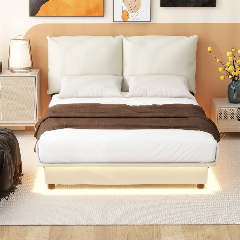 Kayri Upholstered Platform Bed with Sensor Light and Backrests, White, Queen