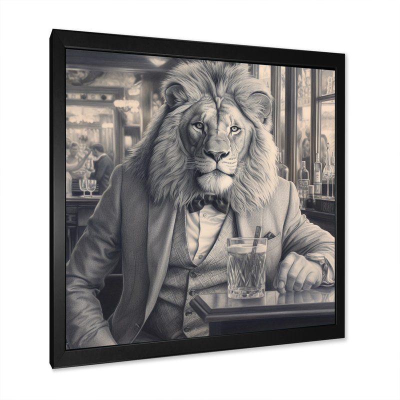 Lion ayant une boisson sur toile, H 30 po x l 30 po x P 1 po, Cadre simple noir