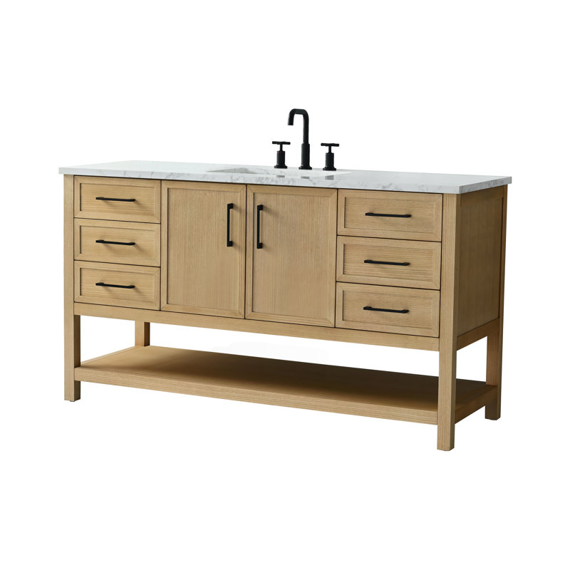 Stratford 60'' Single Bathroom Vanity with Engineered Stone Top, Light Oak/Matte Black