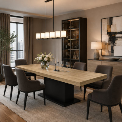 78.7" L Extendable Dining Table With Wood Grain Top And Black Pedestal Base