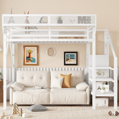 Lit superposé simple en métal blanc avec escalier, tablettes de rangement et garde-robe, lit adolescent pour enfant, salle d'étude
