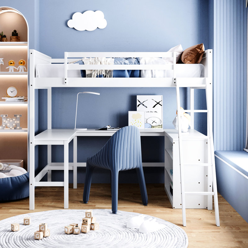 Lit mezzanine double avec tablettes et bureau en blanc, optimisez votre utilisation de l'espace, construction en bois de pin, idéal pour étudier et dormir sur des tablettes en bois blanc, améliorer la fonctionnalité de mise à niveau de l'utilisation,