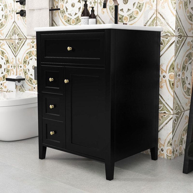 Bathroom Vanity with Sink, 4 Drawers and Adjustable Shelf, Black/White