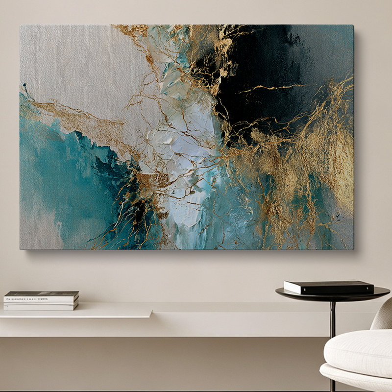 Reproduction d'art moderne moderne sur toile en feuille d'or bleu sarcelle 40 x 30 pouces - décoration de salon