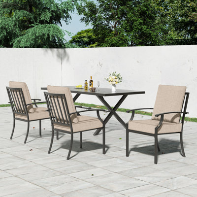 Ikeam 3-Piece Outdoor Stackable High Back Metal Dining Armchairs with Cushions, Rust-Resistant Iron Frame by Lark Manor