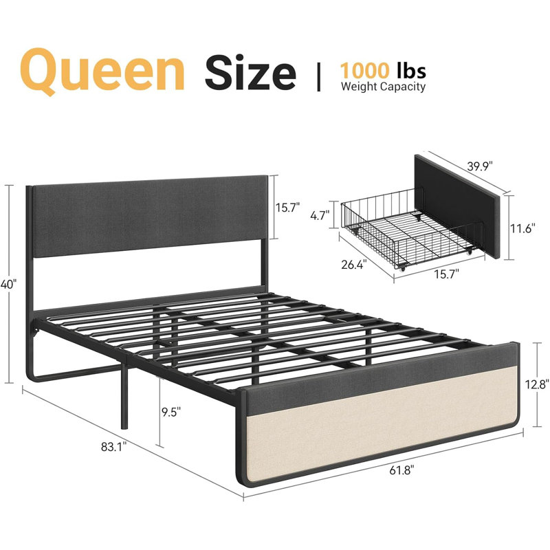 Plush Upholstered Bed Frame, Queen