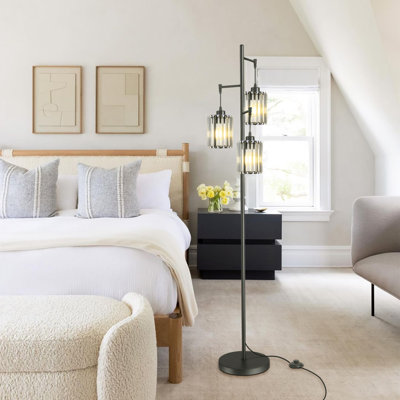 3-light Floor Lamp Glass Lampshade With Footswitch For Home Deco Living Room Bedroom