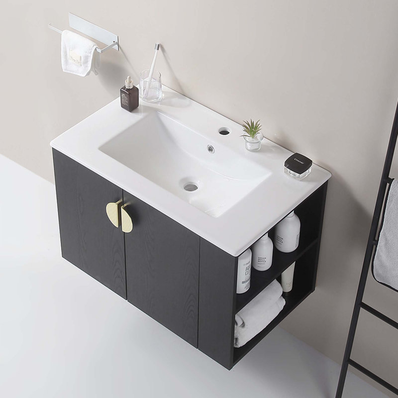 Meuble-lavabo de 30 po avec lavabo et tablette de rangement ouverte à droite, Noir, noir, noir, noir, Doré