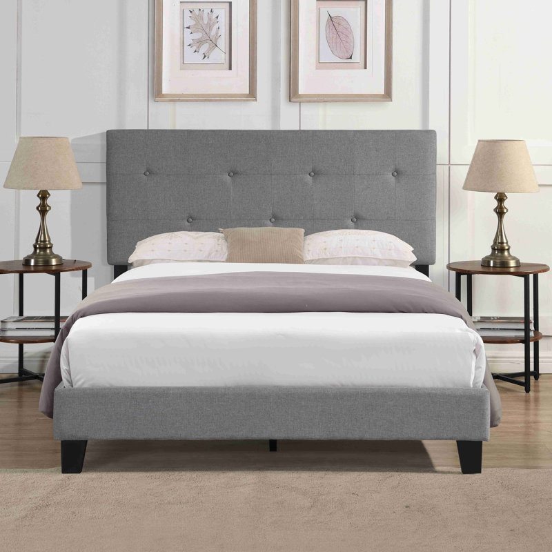 Structure de lit plateforme tapissier avec tête de lit en tissu de lin capitonné moderne sans sommier, Lin lin, Lit double