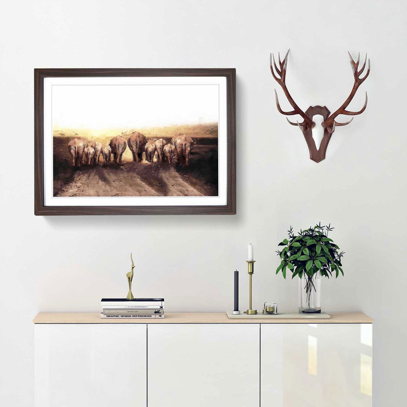 Herd of Elephants on a Dusty Road in Abstract - Picture Frame Painting Print, 48cm H x 65cm W x 2cm D, Walnut Framed
