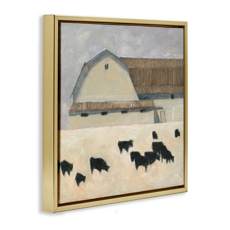 «Grazing Black Farm Bovins», art mural sur toile flottante par Sue Jachimiec, Cadre flottant métallique doré