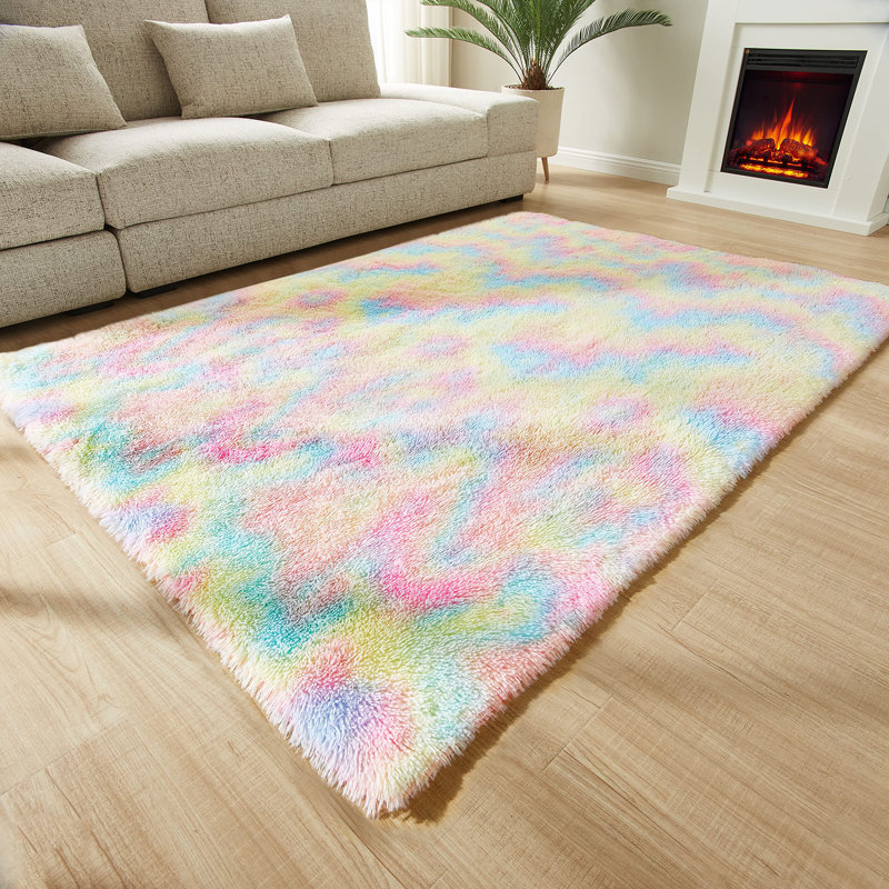 Tapis rose à poils longs fait à la main, Rectangle 6 pi x 9 pi