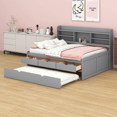 Wooden Captain Daybed With Trundle,3 Drawersand Built-In Bookshelves