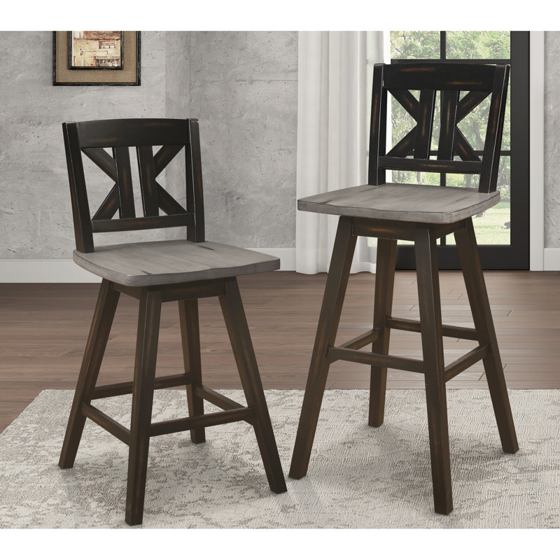 2 pièces, chaises de table de salle à manger à hauteur de pub de 28,5 po, en bois massif, gris et noir, divisées, 2 en bois d'hévéa, gris et noir